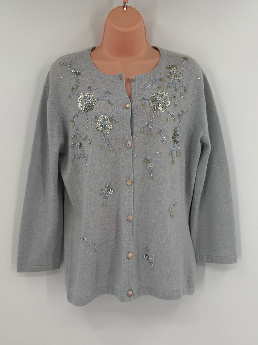 Escada 100% Cashmere Embellished Sequin Beaded Floral Cardigan | Light Blue | L